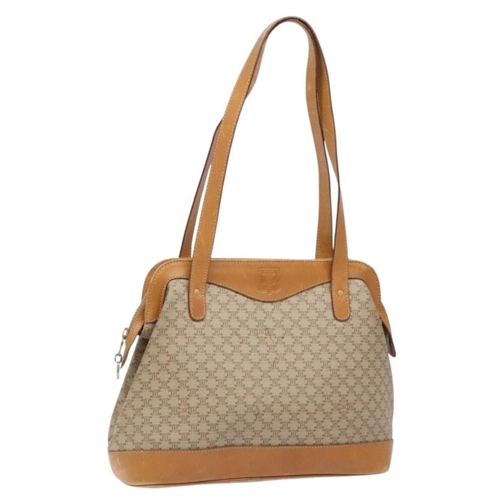 Authentic CELINE Macadam Canvas Shoulder Bag PVC Beige Gold